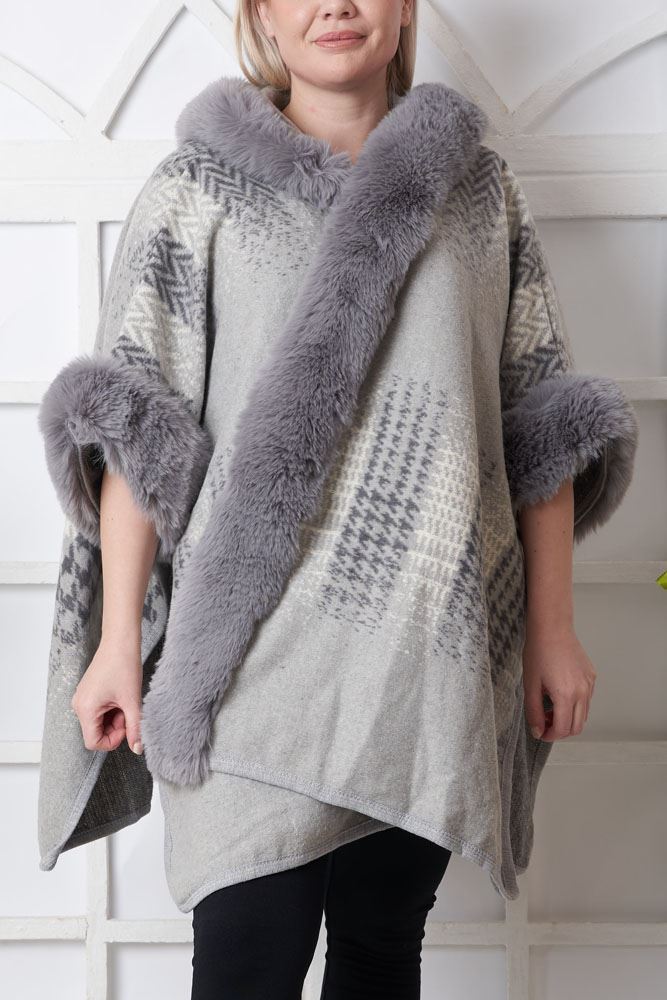 Abstract Dogtooth Pattern Faux Fur Hooded Poncho