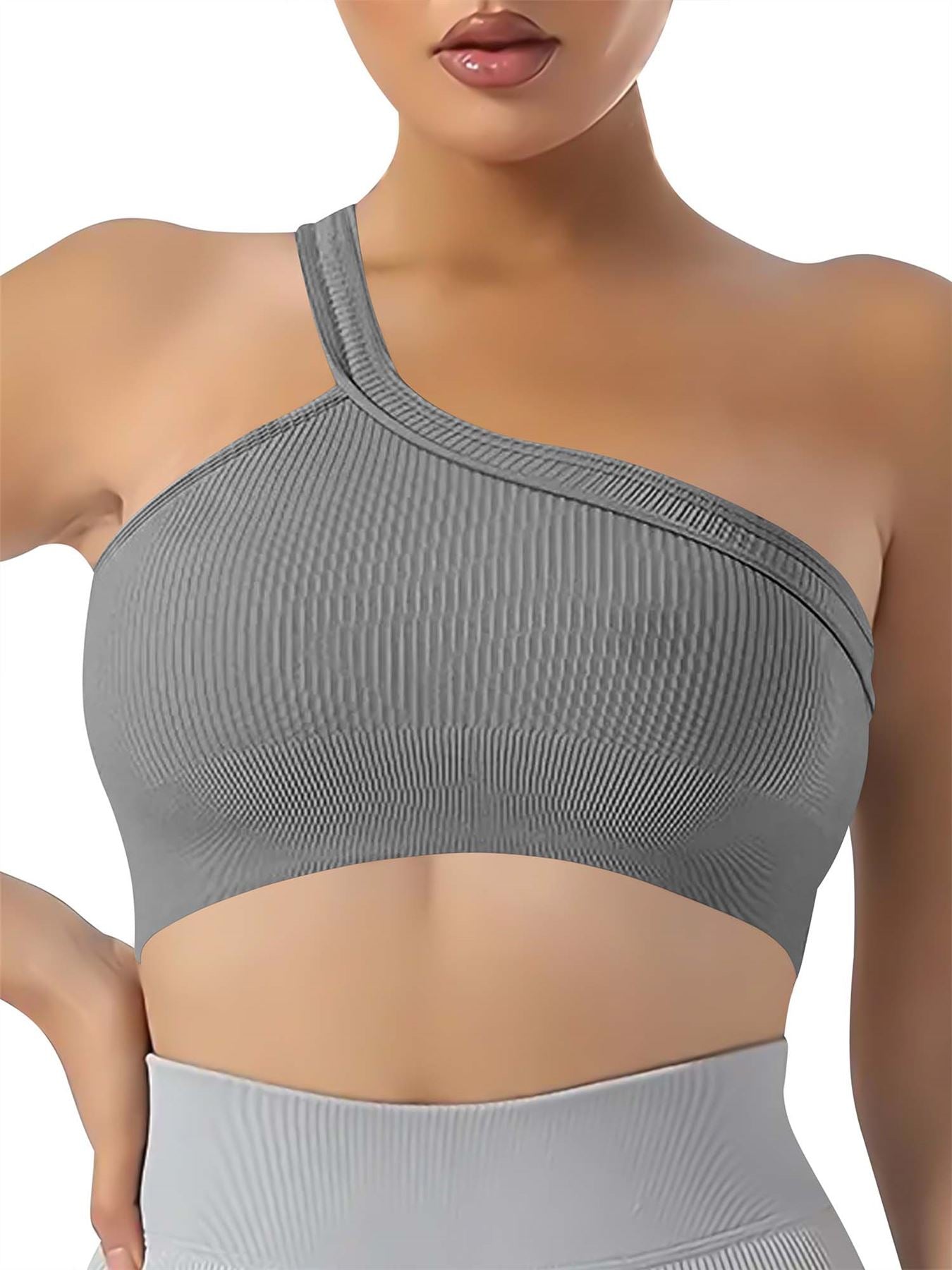 Plain One Shoulder Seamless Ribbed Nylon Bra