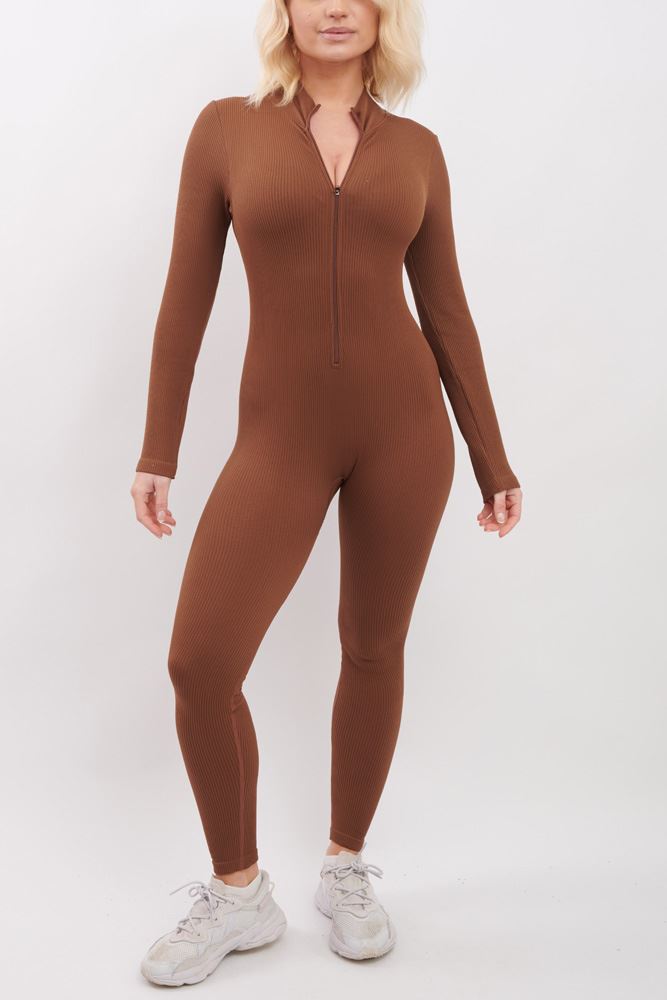 Plain Ribbed Zip Up Seamless Nylon Jumpsuit