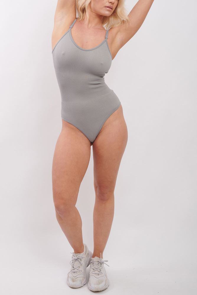 Plain Strappy Seamless Ribbed Nylon Bodysuit