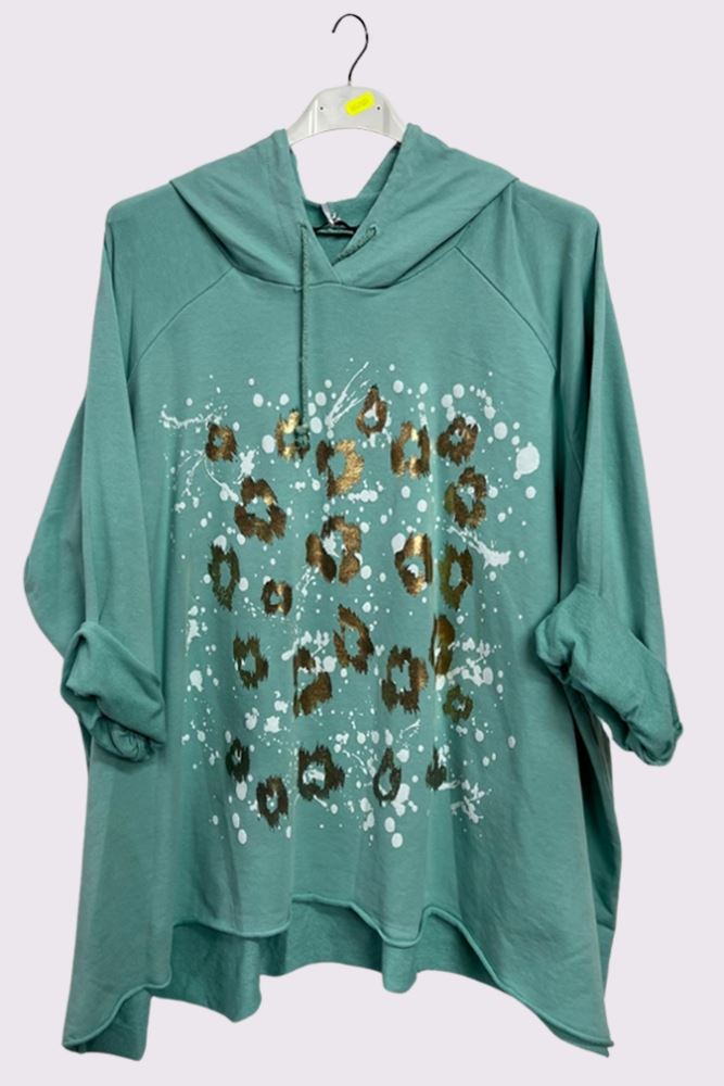 Leopard Foil Splash Print String Hoody High Low Hem Cotton Hoodie