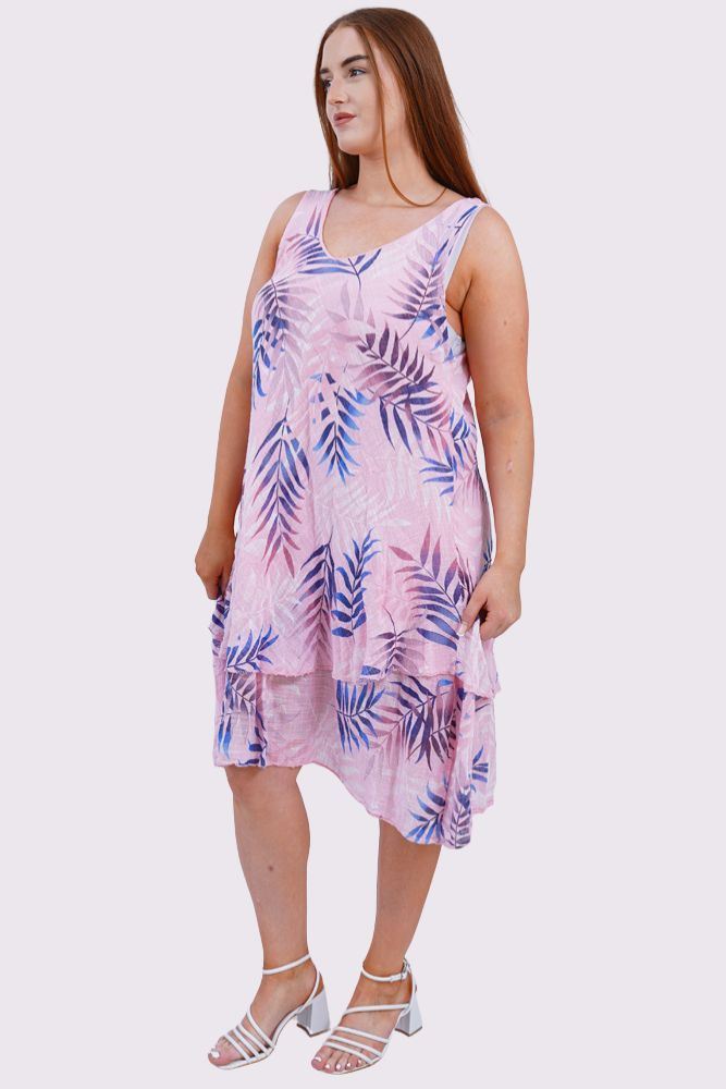 Tropical Leaves Print Layered Hem Cotton Dress