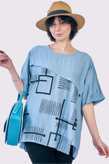 Abstract Block Print Side Button Detail Cotton Top