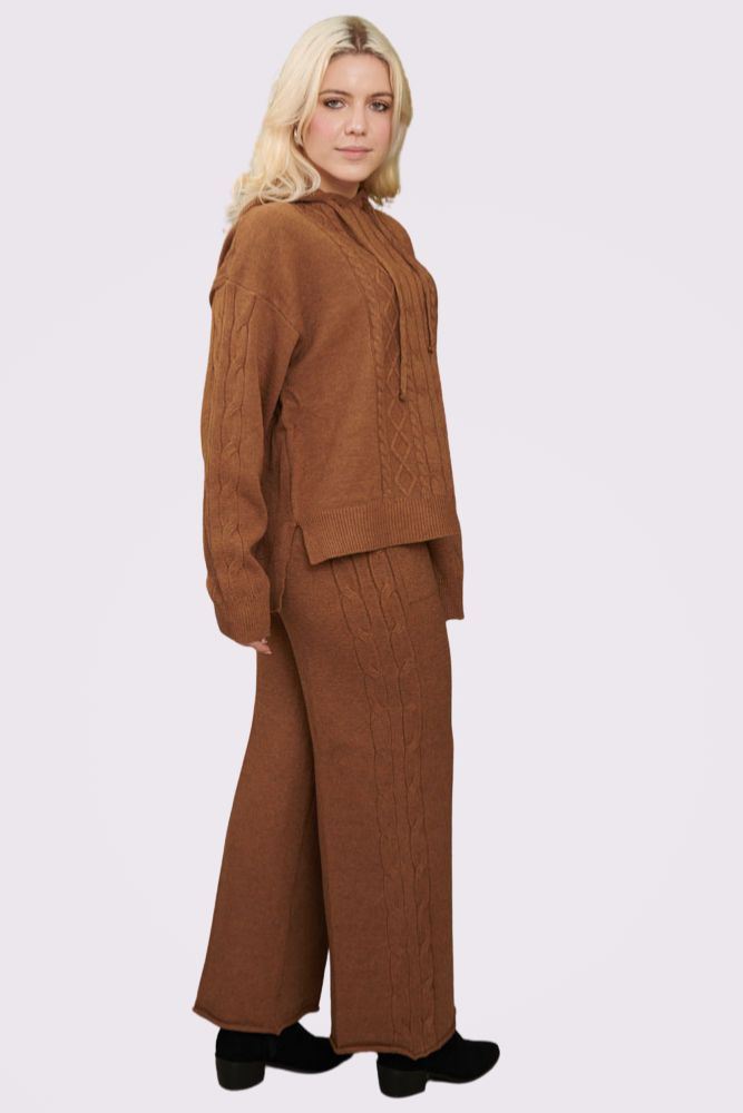 Cable Knit Pattern Hoodie Wide Leg Knit Co-Ord