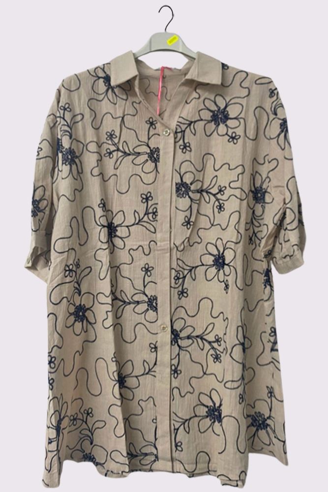 Embroidered Floral Pattern Button Up Cotton Shirt