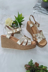 Thread Fastening Wedge Heel Ankle Buckle Strap Sandal