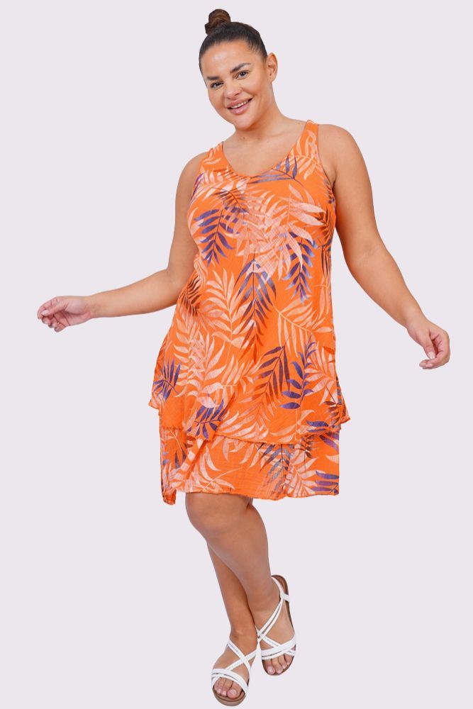 Tropical Leaves Print Layered Hem Cotton Dress