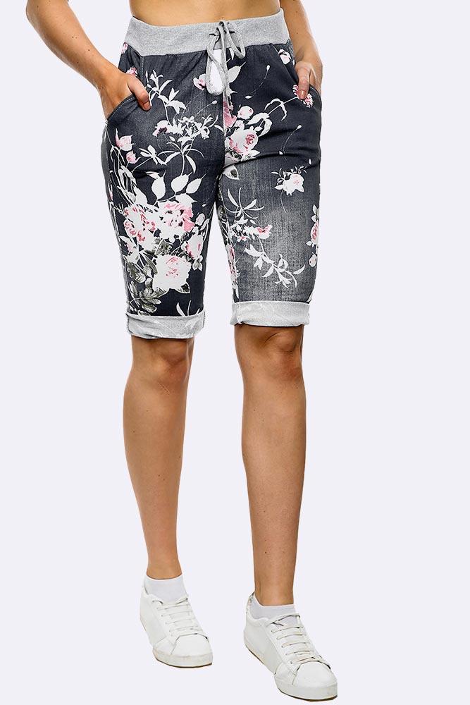 Black Floral Printed 3/4 Drawstring Trouser