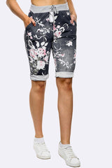 Black Floral Printed 3/4 Drawstring Trouser