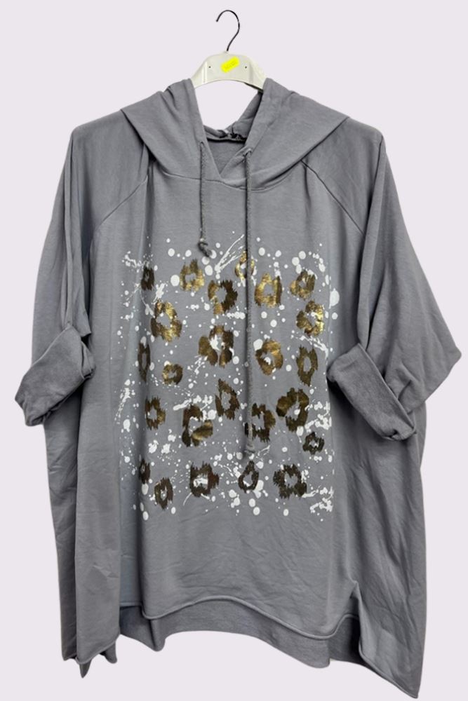 Leopard Foil Splash Print String Hoody High Low Hem Cotton Hoodie