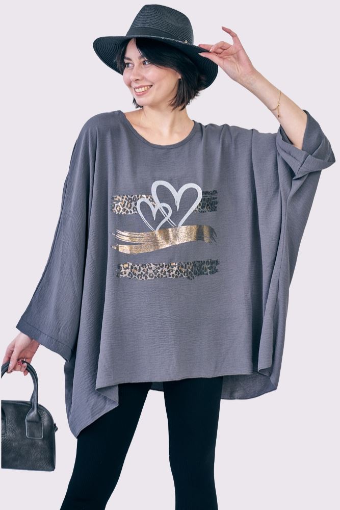 Foil Leopard Heart Print Oversized Top