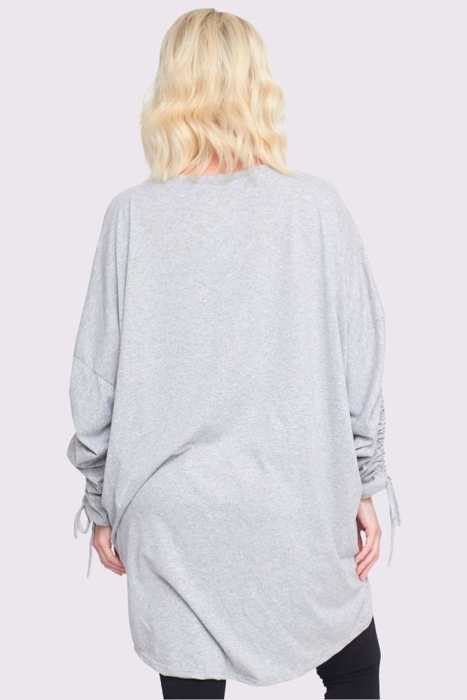 Foil Star Pattern Ruched Sleeve DipHem Oversized Cotton Top