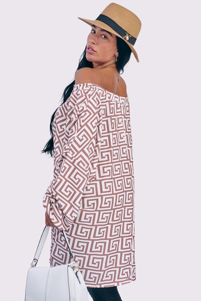 Greek Key Print Oversized Drawstring Top