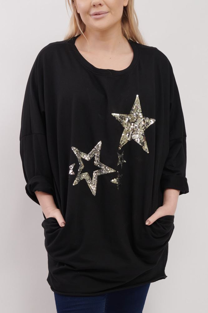 Sequin Star Pattern Pockets Cotton Top