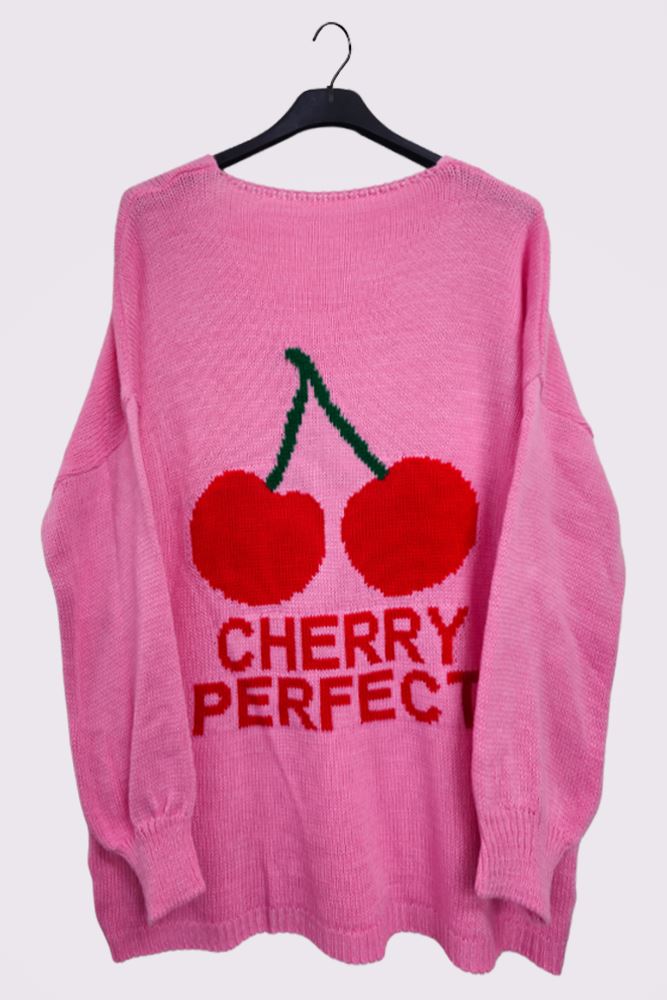 Cherry Perfect Slogan Cherry Pattern Knit Cuffed Sleeve Jumper