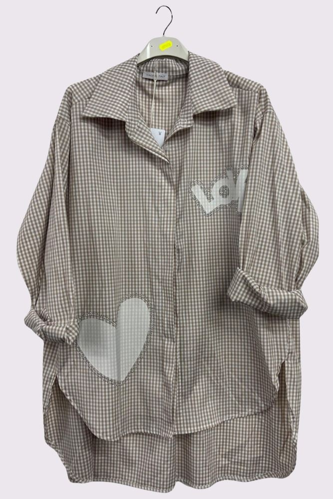 Check Print Love Heart High Low Hem Cotton Shirt