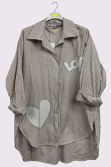 Check Print Love Heart High Low Hem Cotton Shirt