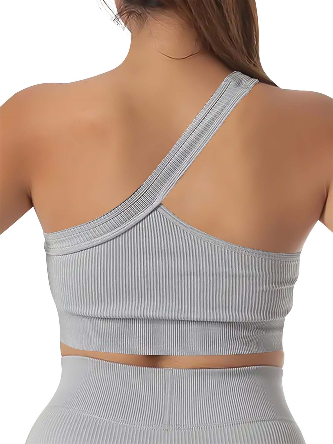 Plain One Shoulder Seamless Ribbed Nylon Bra