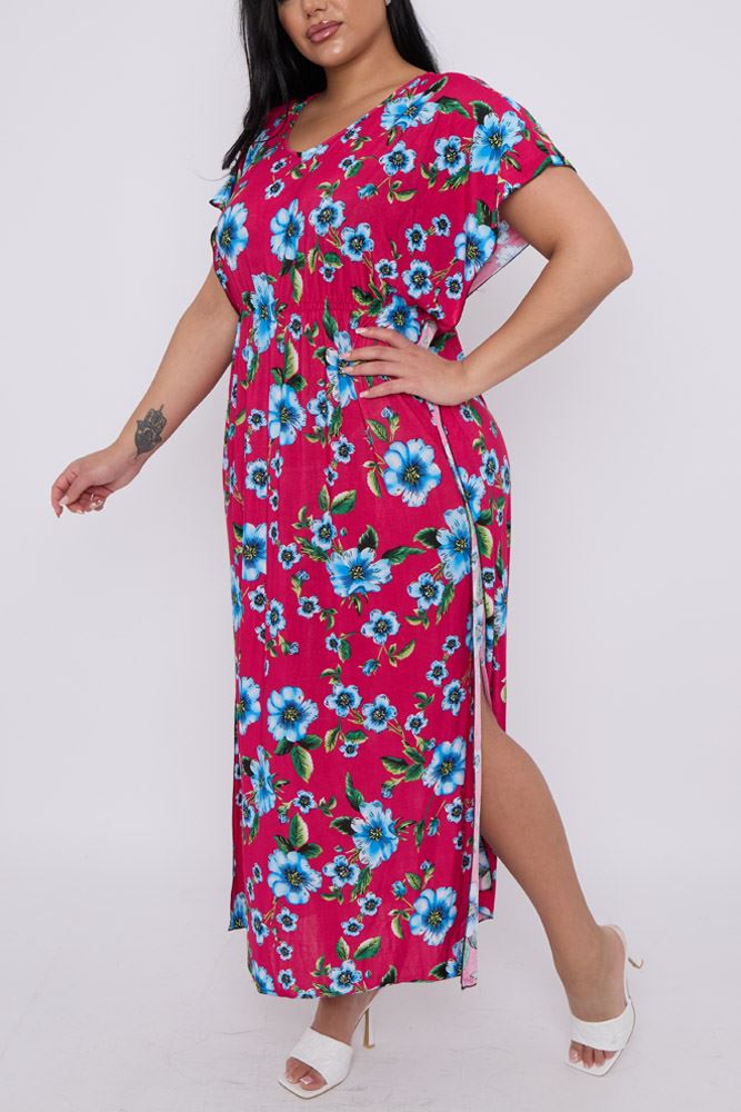 Floral Print Elasticated Waist Side Slit Kaftan Dress