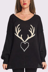 Sequin Heart Textured Antlers Motif V Neck Knit Style Oversized Jumper