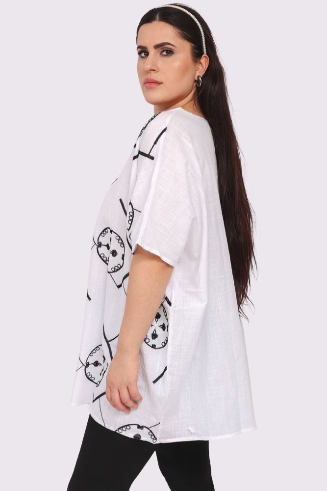 Embroidered Abstract Print Tunic Cotton Top