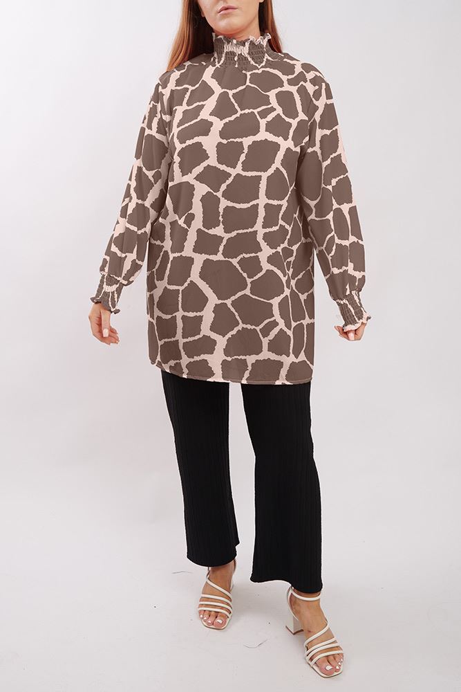 Giraffe Print Shirred Cuff Top