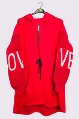 Plain Drawstring Waist Love Knit Sleeve Hooded Jacket