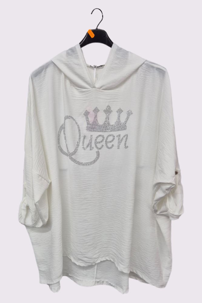 Diamante Queen Print Oversized Diphem Hooded Top