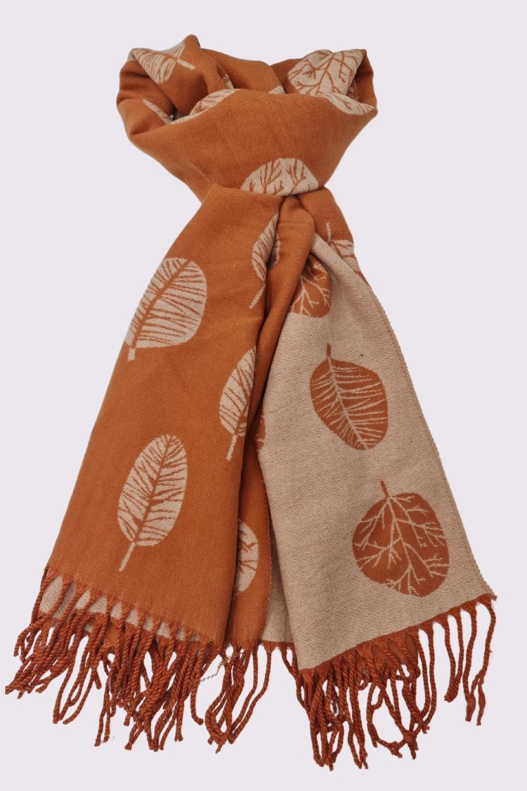 Two Tone Leaves Print Tassel Scarves