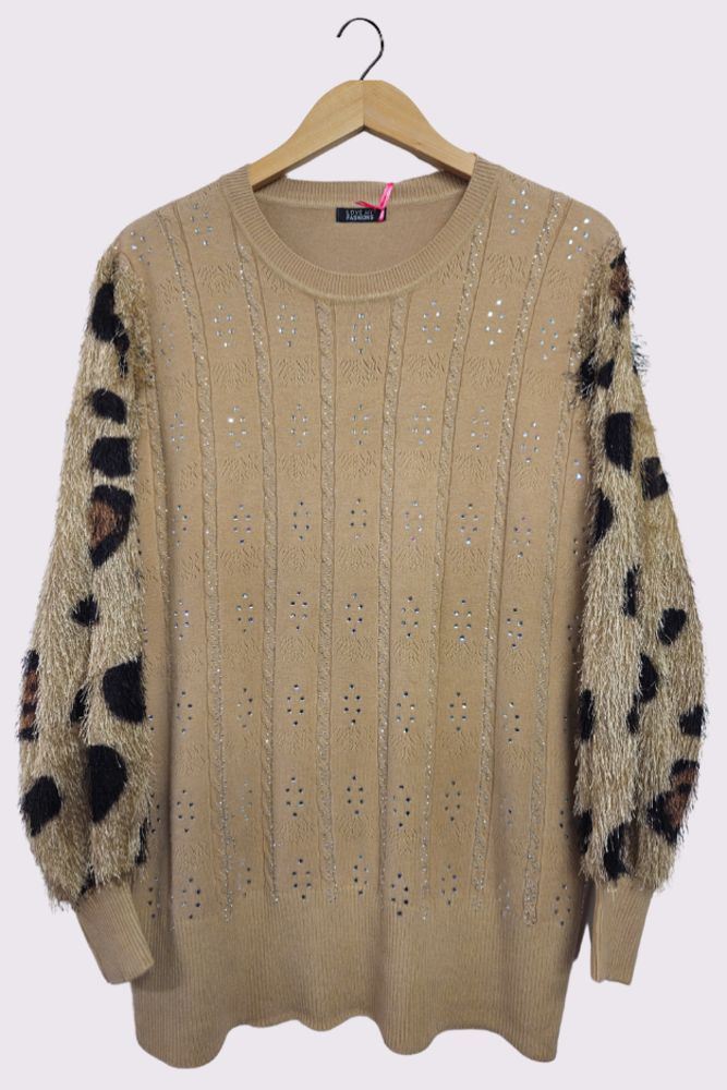 Diamante Pattern Leopard Faux Fur Soft Knit Jumper