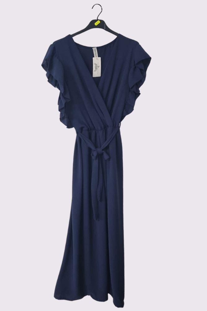 Plain Ruffle Sleeve Wrapover Belted Jumpsuit