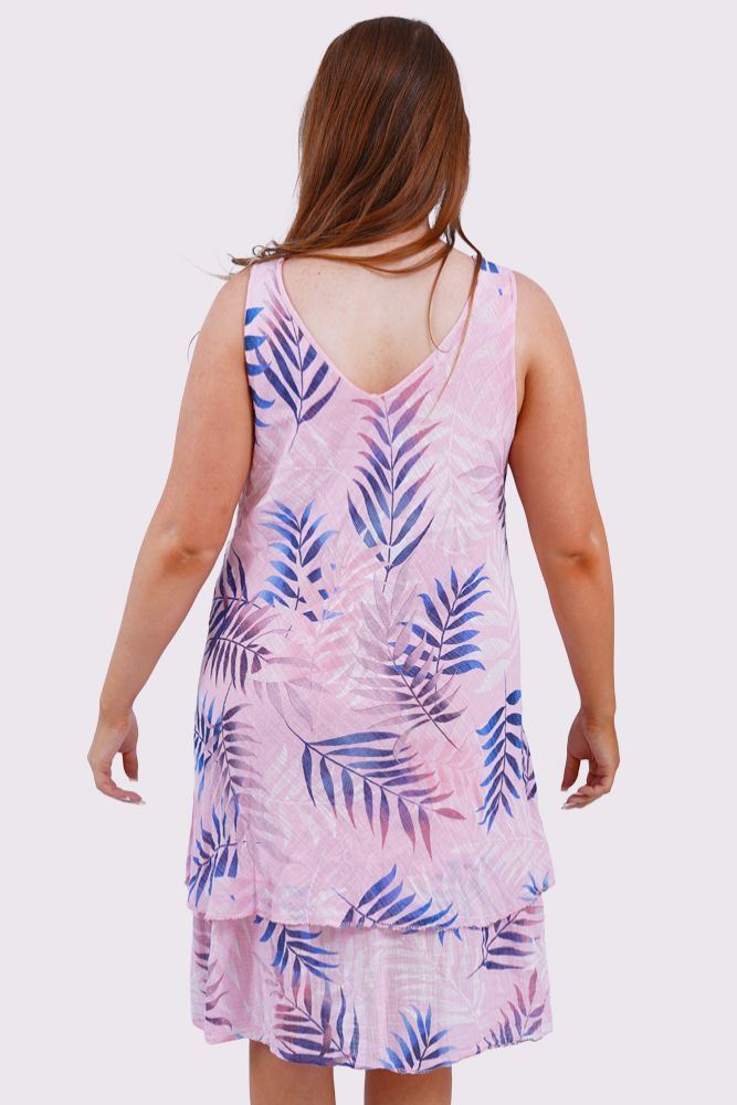 Tropical Leaves Print Layered Hem Cotton Dress