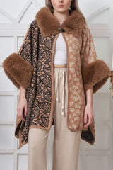 Paisley Print Trim Faux Fur Poncho