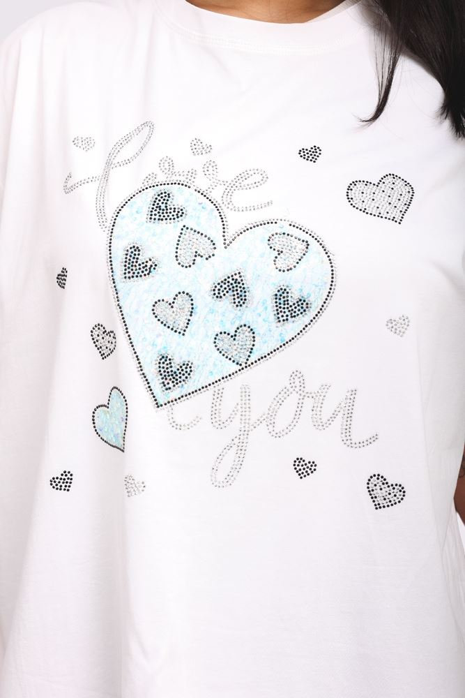 Sequin Diamante Love Heart Pattern Cotton Top