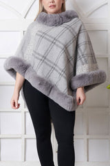 Check Pattern Faux Fur Viscose Poncho