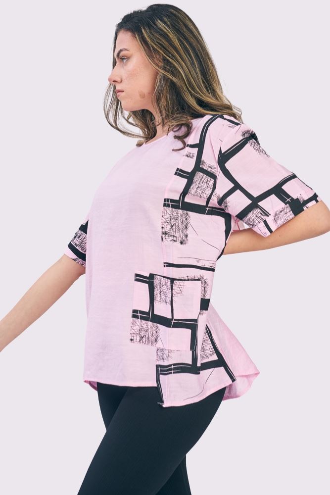 Abstract Check Print Pocket Cotton Top