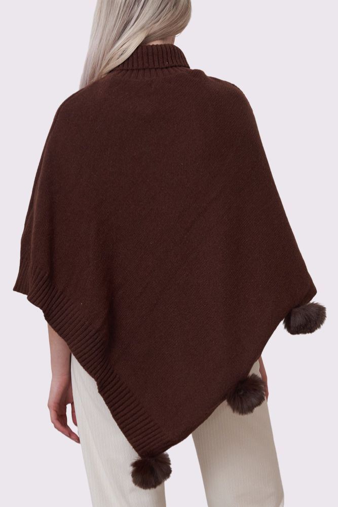 Cable Knit Strip Pom-Pom Poncho