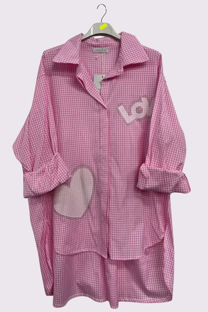 Check Print Love Heart High Low Hem Cotton Shirt