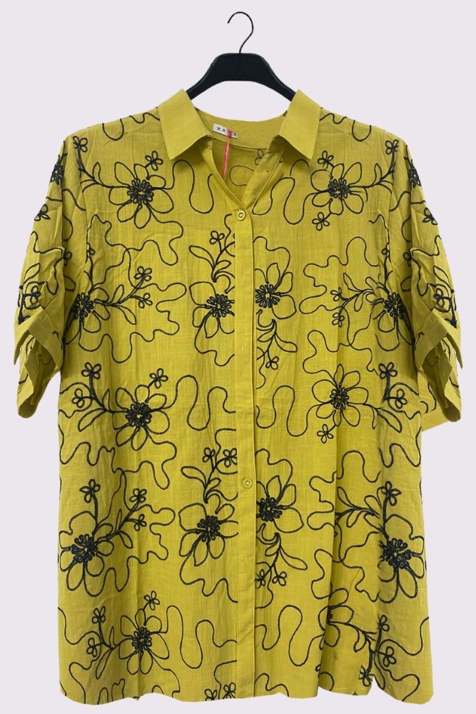 Embroidered Floral Pattern Button Up Cotton Shirt