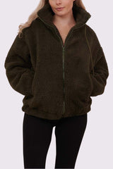 Plain Zip Up Fux Fur Drawstring Jacket