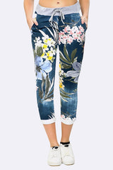 Cotton Leaf Print Foldover Hem Trouser