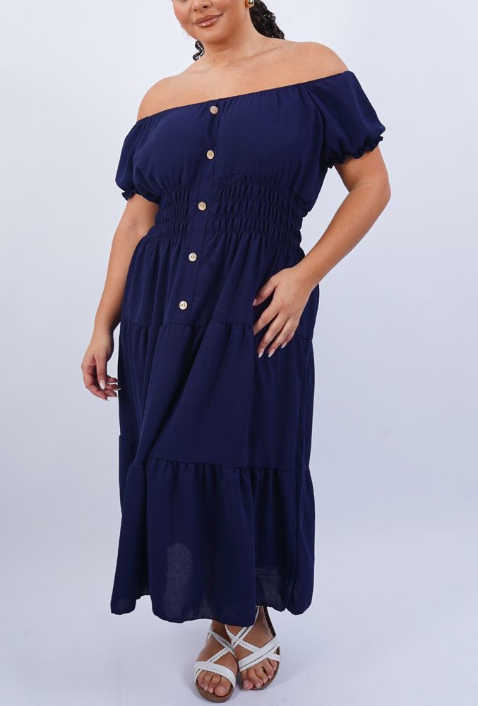 Plain Shirred Waist Tiered Dress