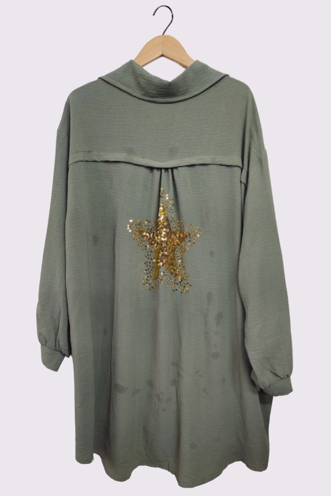 Sequin Star Back Button Closure Curved Hem Shirt
