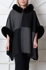 Plain Trim Faux Fur Hooded Poncho