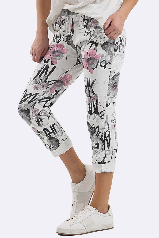 Cotton Floral Printed Drawstring Foldover Hem Trouser