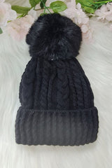 Cable Knit Pattern Soft Tassel Pom Pom Beanie Hat