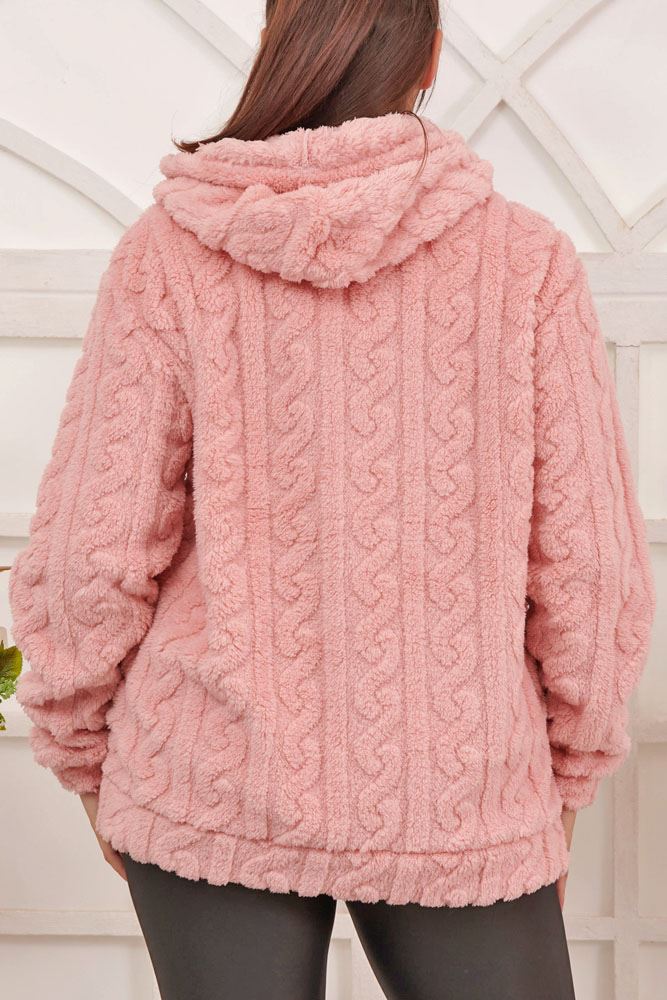 Cable Knit Pattern Faux Fur Zip Hoodie