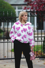 Heart Print Zip Up Soft Feel Faux Fur Hoody