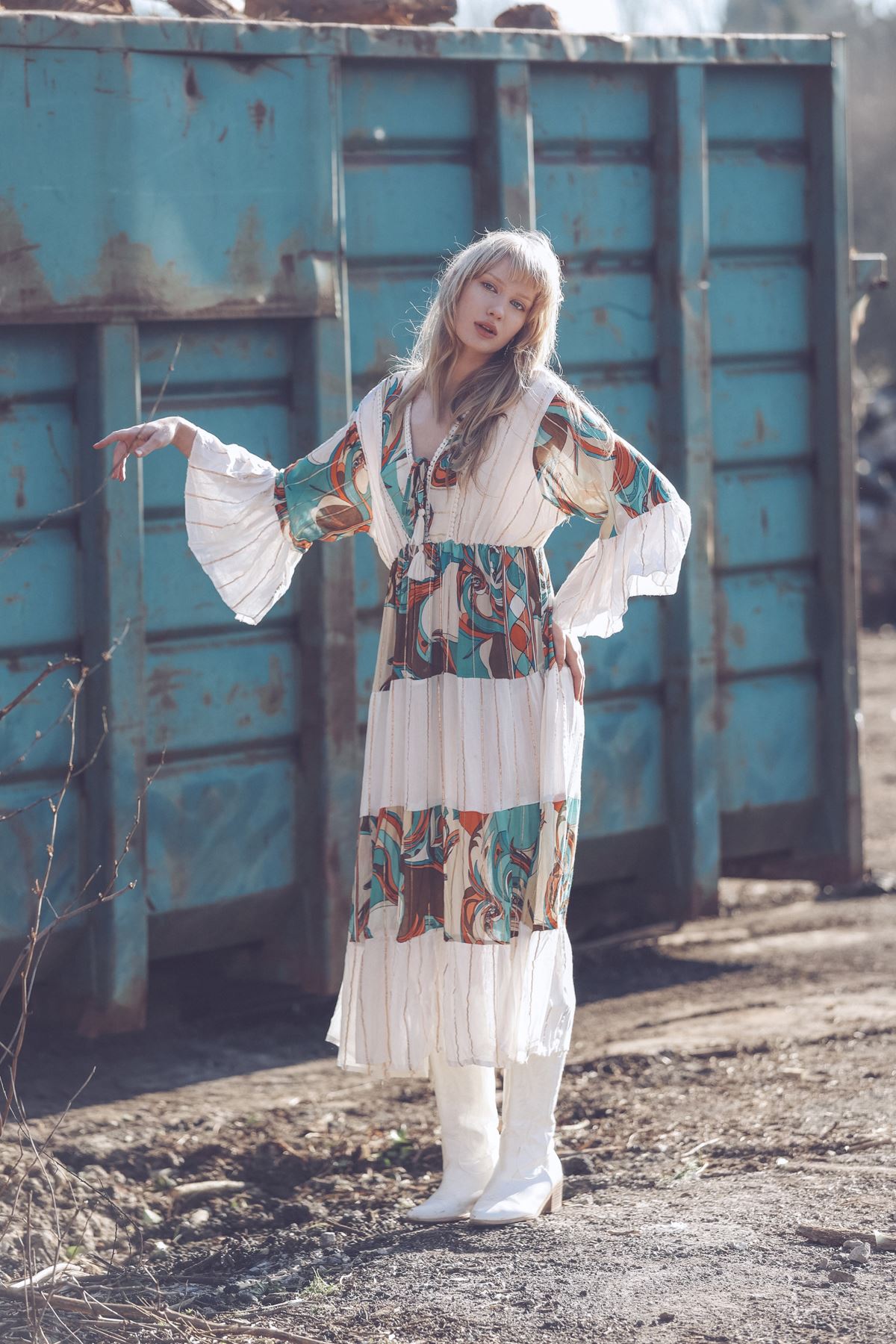 Vintage Coloured Patch Print Bohemian Maxi Style Dress