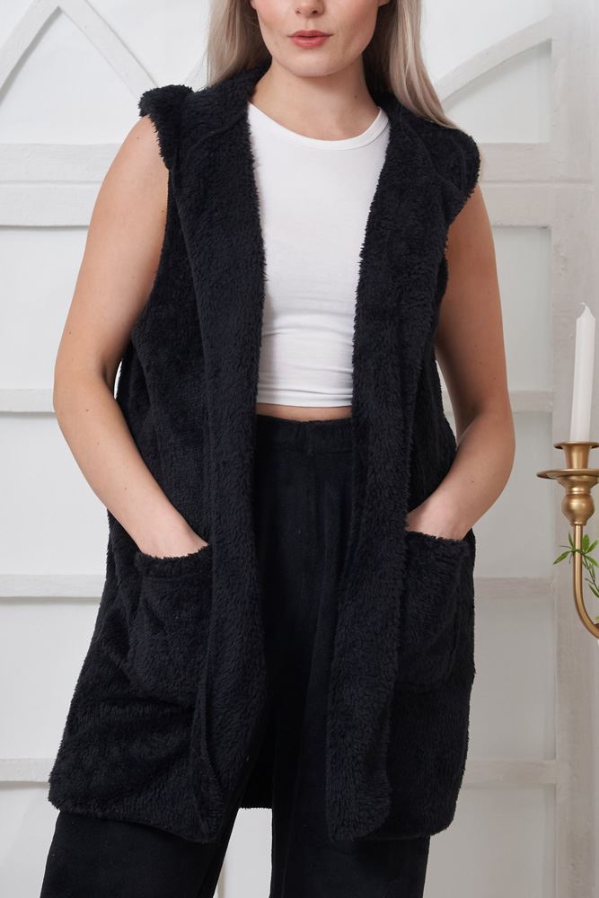 Plain Faux Fur Pocket Hooded Gilet